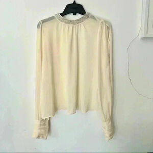 Lush Women’s Sheer White Cream Blouse Boho Timeless Sheer Bejeweled Collar Small